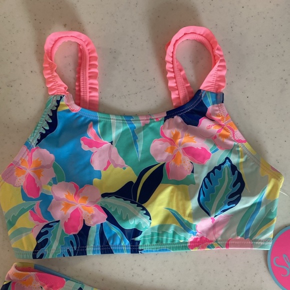 Shelloha Swimwear Girls 2-piece Swim Suit Ruffle Bright Tropical Floral UPF50+ - Picture 2 of 4